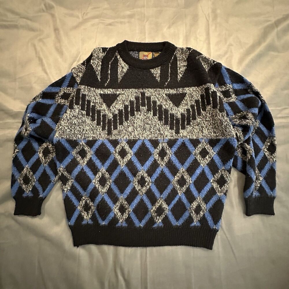 Vintage 80s Saturdays Sweater Mens Large Geometric Retro Black Charlie Brown